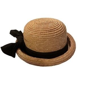 Braided  Neutral Raffia Sun Hat with black band and bow